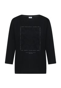 Zwart shirt met lange mouwen, een ronde hals en een patroon met tekst op de voorkant, gemaakt van zachte stof met stretch.