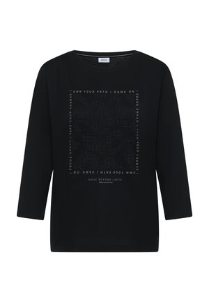 Top nero a maniche lunghe con scollo rotondo e testo grafico decorato sulla parte anteriore, realizzato in tessuto morbido e stretch.