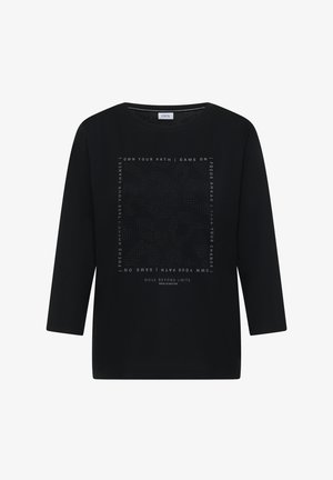 Top nero a maniche lunghe con scollo rotondo e testo grafico decorato sulla parte anteriore, realizzato in tessuto morbido e stretch.