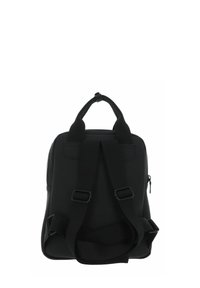 Sac à dos rectangulaire noir avec bretelles réglables, poignée supérieure et poche zippée latérale, vu de dos.