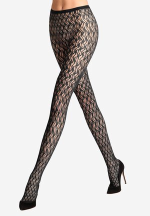 Collants en dentelle noire avec un motif de vagues, dotés d'une large taille et d'une texture transparente, associés à des escarpins noirs.