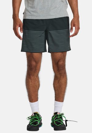 Black and aqua striped swim shorts with a relaxed fit, featuring front pockets and a lightweight, quick-drying fabric.