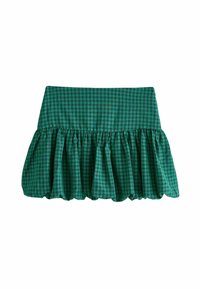 Fustă verde în carouri cu un tiv fronsat, confecționată dintr-un material ușor, având un brâu structurat pentru o siluetă evazată.