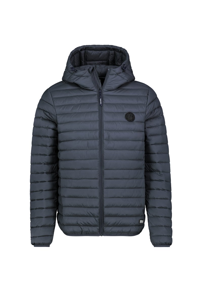 Gepolsterte graue Jacke mit Reißverschluss und Kapuze, mit horizontalem Steppmuster, elastischen Bündchen und einem runden Logo auf der Brust.