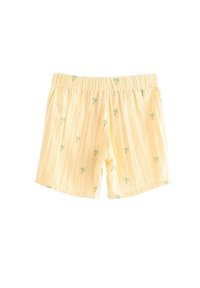 Gula bomullsshorts med en texturerad yta, prydda med ett upprepande mönster av små gröna palmer och ett elastiskt midjeband.