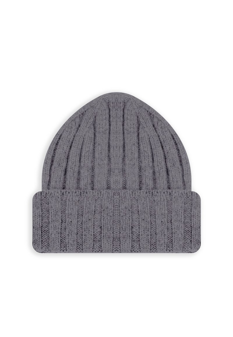 Szara dzianinowa czapka typu beanie o prążkowanej fakturze i podwiniętym mankiecie. Posiada zwężający się, zaokrąglony kształt. Wykonana z miękkiego, elastycznego materiału.