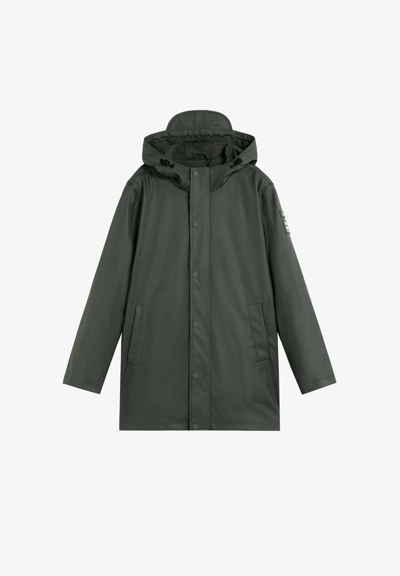 Dark green waterproof jacket with a hood, snap button closure, two side pockets, and a smooth texture. Features minimal design accents.