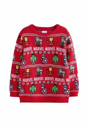 Pull en tricot rouge avec des personnages de Marvel en cartoon dans différentes couleurs. Le design comprend des motifs de personnages et le texte "MARVEL" en blanc.