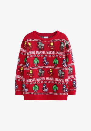Maglione rosso lavorato a maglia con personaggi dei cartoni Marvel in vari colori. Il design include motivi di personaggi e il testo "MARVEL" in bianco.