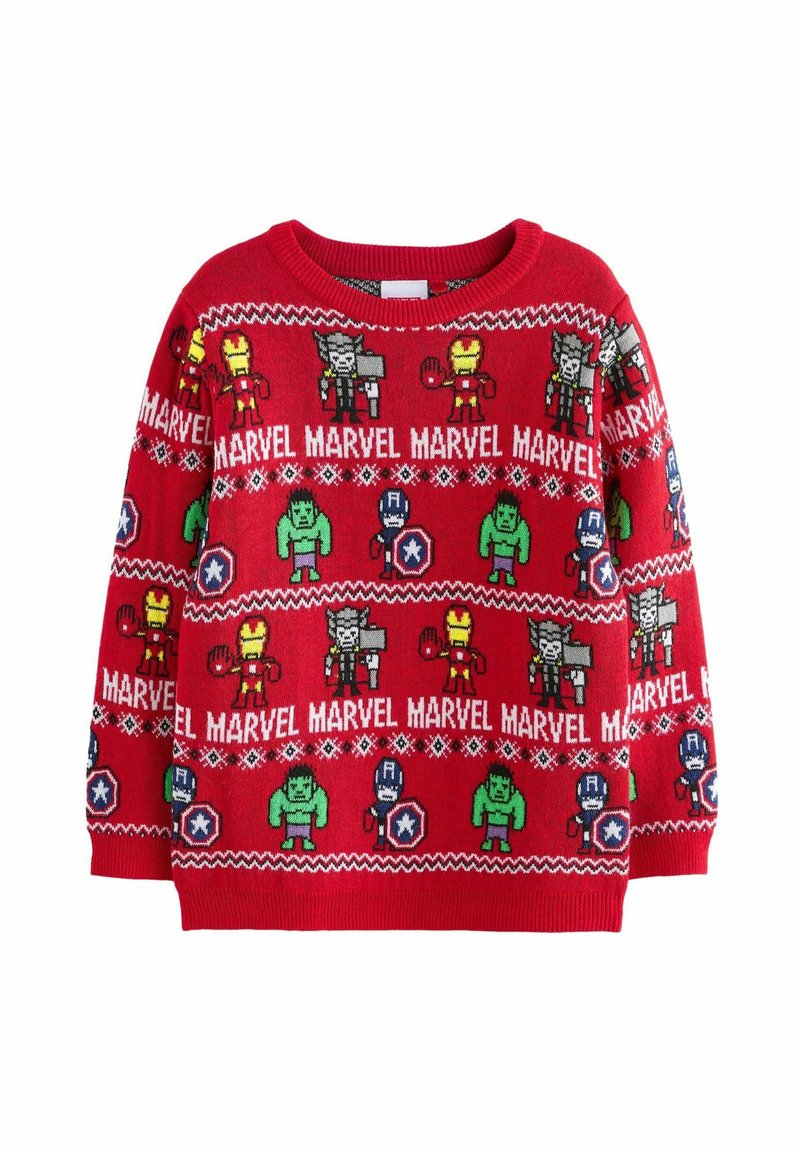 Roter Strickpullover mit Cartoon-Marvel-Charakteren in verschiedenen Farben. Das Design umfasst Muster von Charakteren und den weißen Schriftzug "MARVEL".