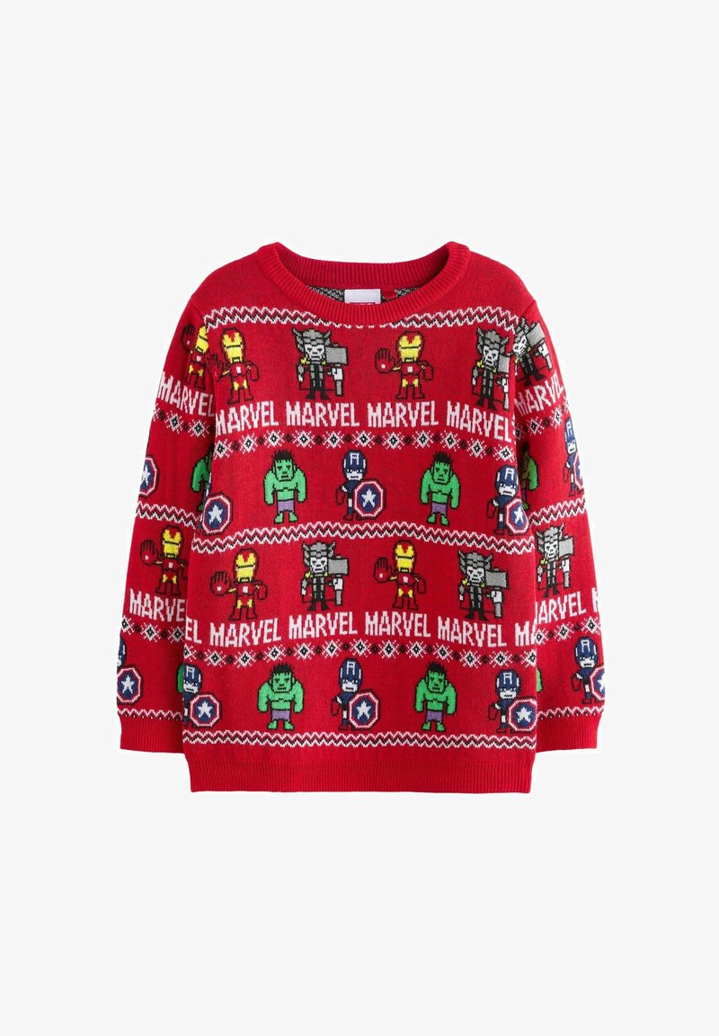 Roter Strickpullover mit Cartoon-Marvel-Charakteren in verschiedenen Farben. Das Design umfasst Muster von Charakteren und den weißen Schriftzug "MARVEL".