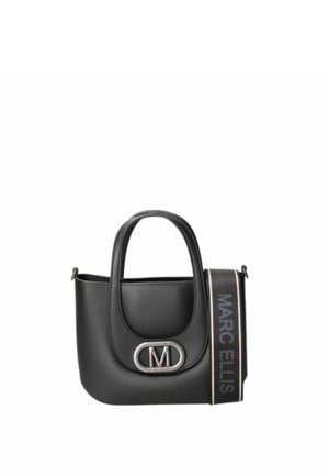Borsa a mano in pelle sintetica nera con design strutturato, manici superiori arrotondati e logo "M" argentato. Include una tracolla fantasia con il nome del marchio.