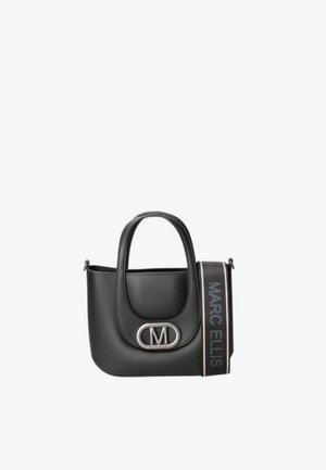 Borsa a mano in pelle sintetica nera con design strutturato, manici superiori arrotondati e logo "M" argentato. Include una tracolla fantasia con il nome del marchio.