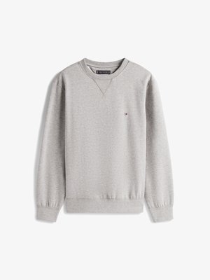 Sweatshirt cinza feito de uma mistura de algodão macio, com decote redondo, punhos canelados e um pequeno emblema no peito. Design clássico e simples.