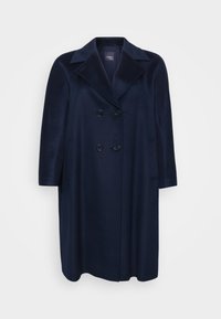 Cappotto di lana blu navy con design doppiopetto, ampio colletto a revers e due tasche laterali, caratterizzato da una texture liscia e dettagli con bottoni.