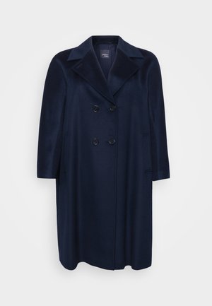 Navy blue wool coat with a double-breasted design, large notched collar, and two side pockets, featuring smooth texture and button accents.