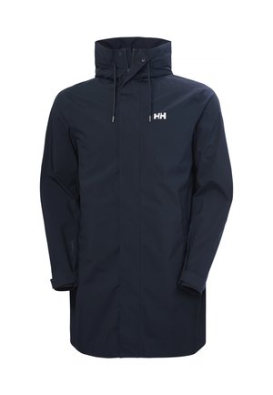 Navyblauwe waterdichte lange regenjas met capuchon, rits aan de voorkant, trekkoorden en wit "HH" logo op de borst.