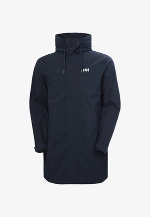 Navyblauwe waterdichte lange regenjas met capuchon, rits aan de voorkant, trekkoorden en wit "HH" logo op de borst.