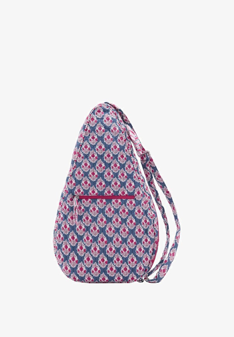 Patterned bag made of fabric, featuring a blue background with pink floral designs. Includes a zippered pocket and two adjustable straps.