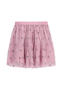 Różowa tiulowa spódnica z warstwowymi falbankami i haftowanymi kwiatowymi wzorami. Posiada elastyczny pas dla wygody. Przezroczysta i lekka tekstura.