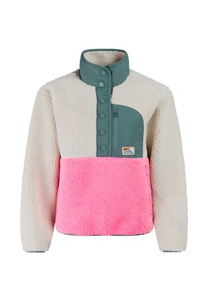 Beige en roze fleece trui met groene drukknopen, hoge kraag, borstzak met rits en kleurblokontwerp.