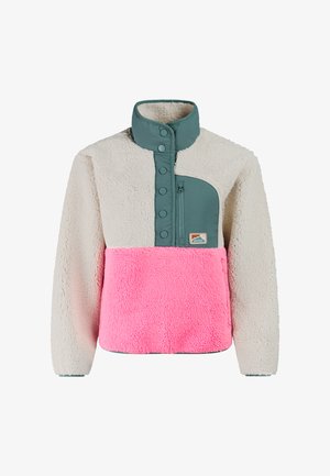 Beige en roze fleece trui met groene drukknopen, hoge kraag, borstzak met rits en kleurblokontwerp.