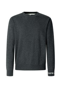 Pull gris foncé à manches longues avec col rond, poignets et base côtelés, et texte blanc partiel sur le poignet de la manche gauche.