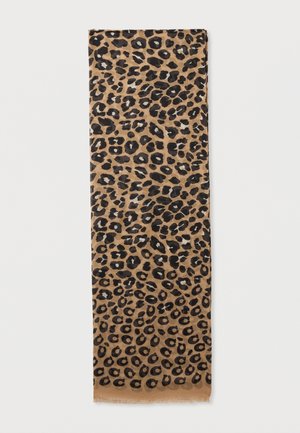 Longue écharpe rectangulaire avec motif léopard marron et noir sur fond beige.