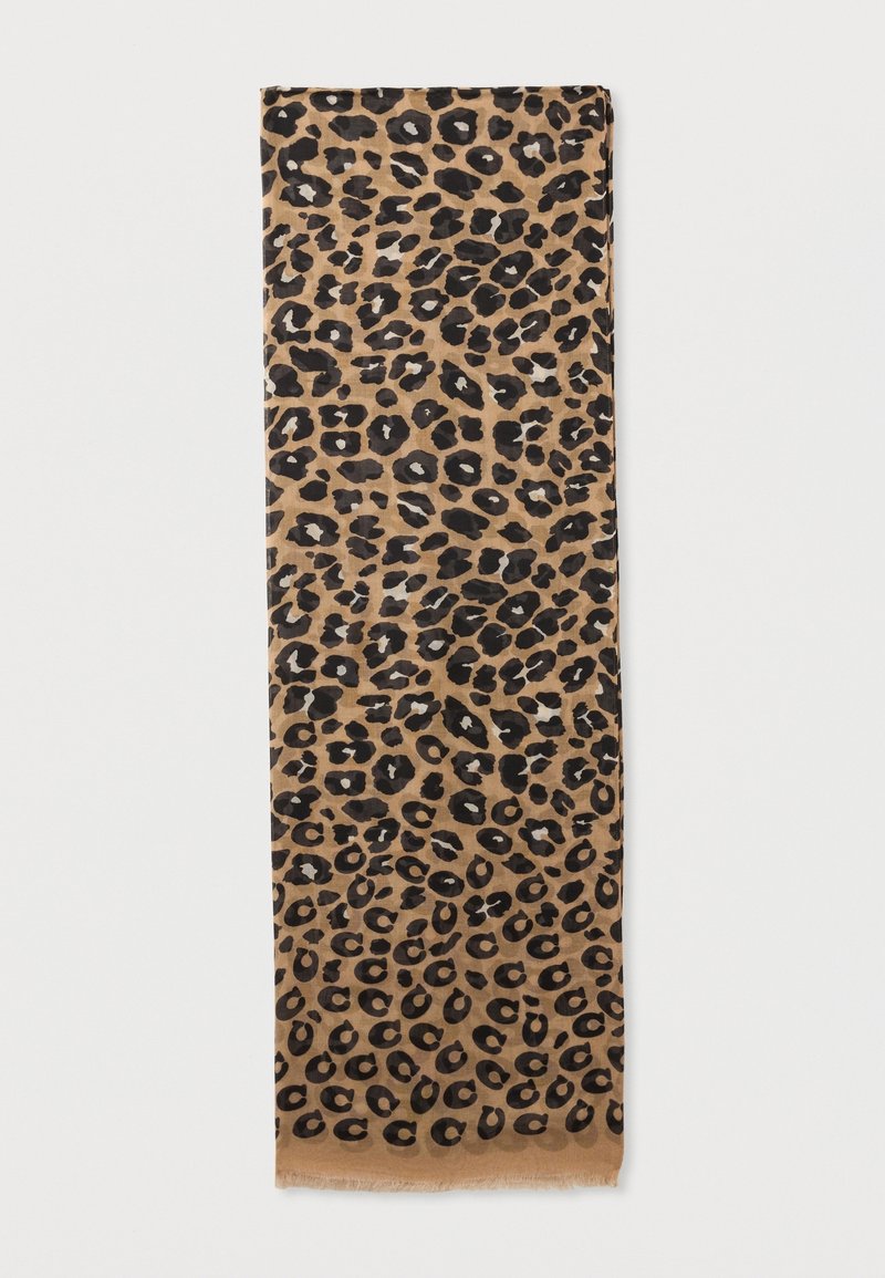 Longue écharpe rectangulaire avec motif léopard marron et noir sur fond beige.