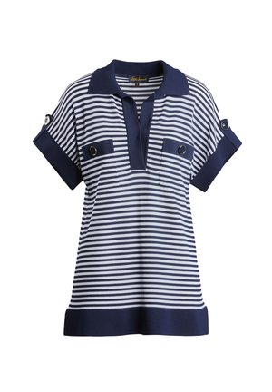Navy and white striped polo shirt with short sleeves, buttoned shoulder details, and a collared neckline. Soft textured knit fabric.