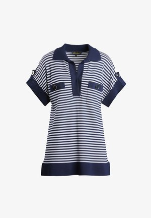Polo de rayas azul marino y blanco con mangas cortas, detalles de botones en el hombro y cuello con solapa. Tejido de punto con textura suave.