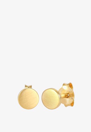 Gul stud øreringe, rund form, børstet overflade. Har en sikker sommerfugl baglukning. Mærket med "925", der indikerer sterlingsølv.