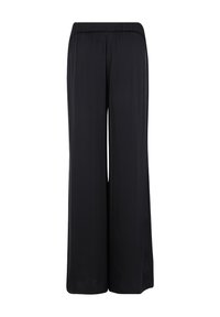 Zwarte, wijde broek gemaakt van een gladde stof met een elastische tailleband. Minimalistisch ontwerp zonder zichtbare patronen of hardware-details.