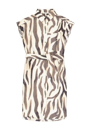 Robe chemise à manches courtes beige avec des rayures zèbre foncées, dotée d'un col, de boutons à l'avant et d'une ceinture assortie à la taille.