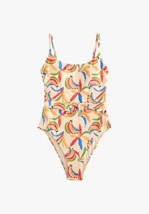 One-piece swimsuit with spaghetti straps, multicolored banana and leaf pattern on a light beige background, featuring a matching fabric belt.