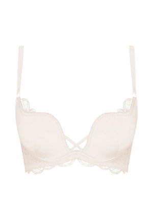 Beige lace bra with smooth cups and delicate scalloped edges. Features adjustable straps and a crisscross design at the center front.