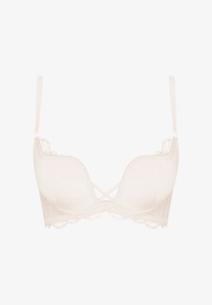 Beige lace bra with smooth cups and delicate scalloped edges. Features adjustable straps and a crisscross design at the center front.