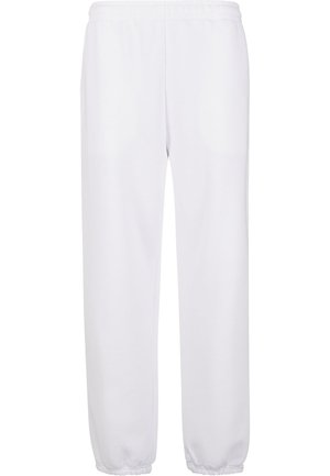Los pantalones de chándal blancos con cintura elástica cuentan con un diseño de pierna recta y una tela texturizada. Los puños están recogidos para un ajuste seguro en los tobillos.
