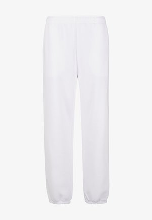 White elastic-waist sweatpants feature a straight-leg design and textured fabric. Cuffs are gathered for a secure fit at the ankles.