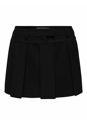 Falda corta plisada negra con una textura suave, cinturilla con diseño de presillas para cinturón y una forma limpia y estructurada.