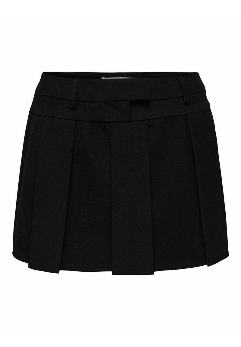 Falda corta plisada negra con una textura suave, cinturilla con diseño de presillas para cinturón y una forma limpia y estructurada.