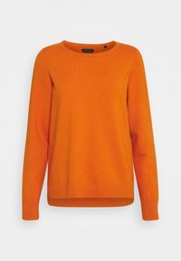 Oranges Sweatshirt aus weichem Material, mit Rundhalsausschnitt, langen Ärmeln sowie gerippten Bündchen und Saum. Glatte Textur ohne Muster.