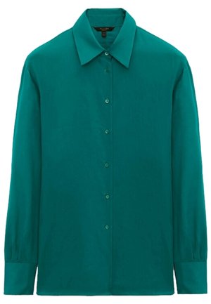 Sininen pitkähihainen nappipaita, jossa on terävä kaulus ja napilliset kalvosimet, esillä valkoista taustaa vasten.