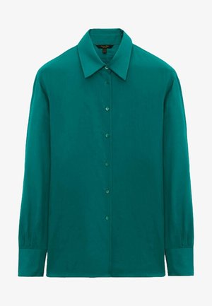 Chemise à manches longues bleu sarcelle avec col pointu et poignets boutonnés, présentée sur un fond blanc.