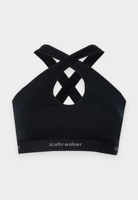 Black sports bra with crisscross straps, scoop neckline, and a rounded cutout at the back. Features an elastic band with "icebreaker" logo.