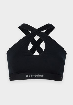 Black sports bra with crisscross straps, scoop neckline, and a rounded cutout at the back. Features an elastic band with "icebreaker" logo.
