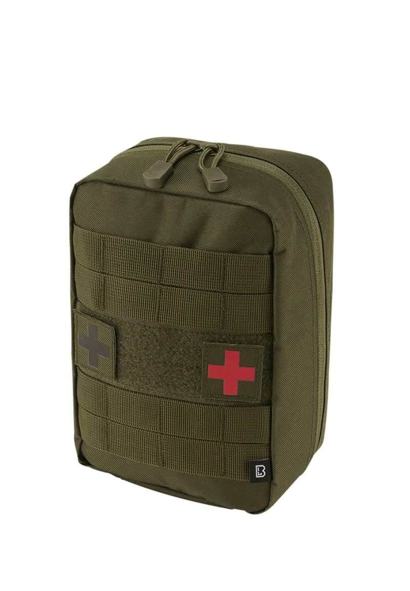 Olivevo zelená medicínska taška s dvojitým zipsom, textúrovaná látka, suchý zips s červenými a sivými krížmi a vetvením pre upevnenie.