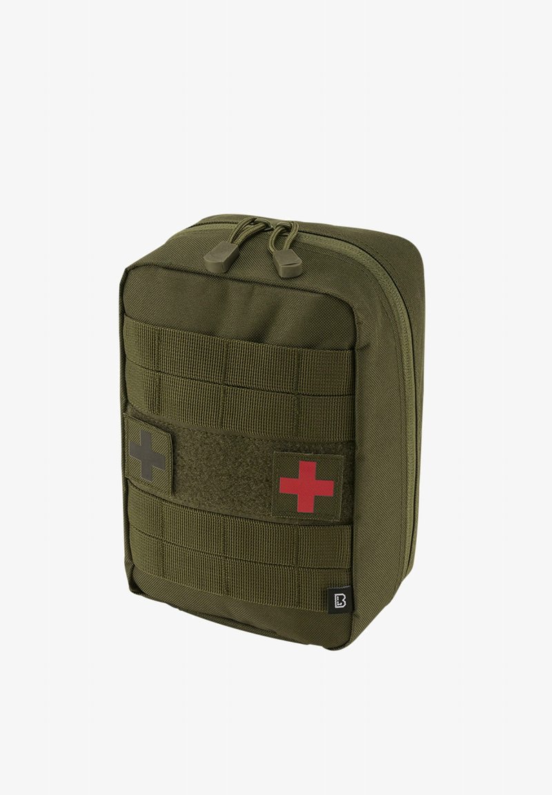 Olivevo zelená medicínska taška s dvojitým zipsom, textúrovaná látka, suchý zips s červenými a sivými krížmi a vetvením pre upevnenie.