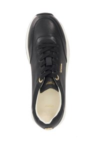 Black leather sneaker with black laces, gold eyelets, and white sole viewed from above on a white background.