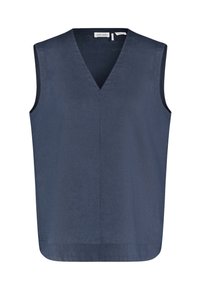 Bezramkowy granatowy top z dekoltem w kształcie V, wykonany z lekkiego materiału, o gładkiej teksturze i prostym wykończeniu.
